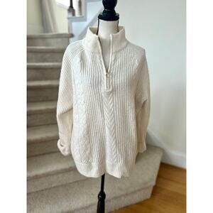 Loft Cream White Ribbed Cable Knit Quarter Zip Long Sleeve Sweater